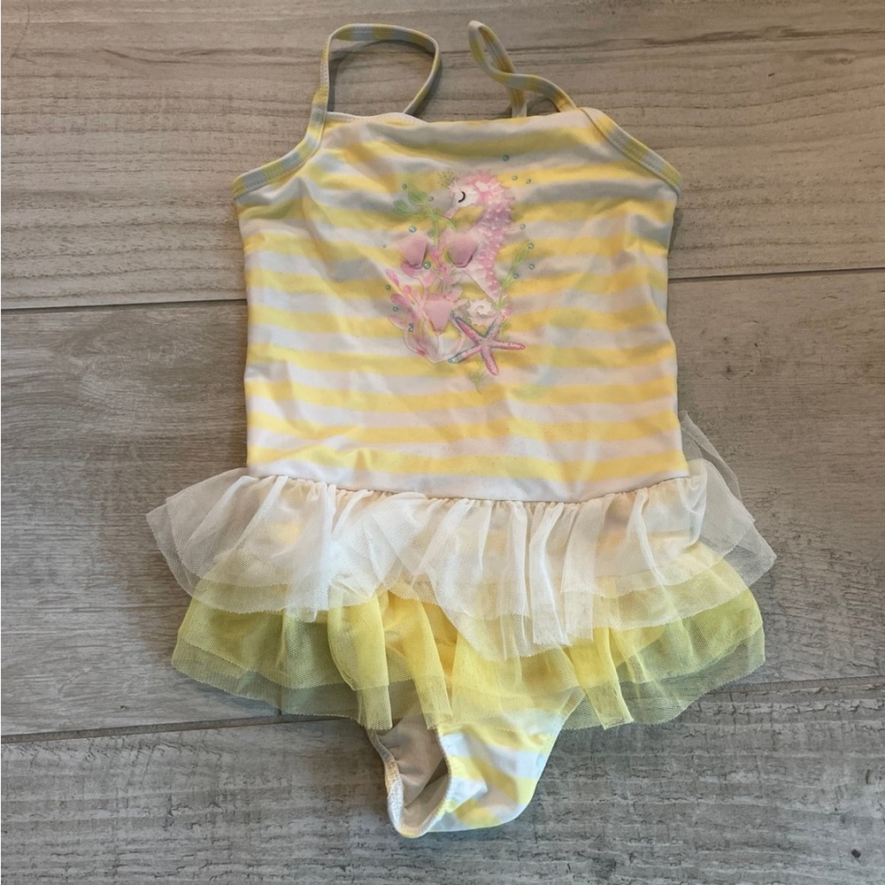 Yellow Striped Toddler Swimsuit with Seahorse Design